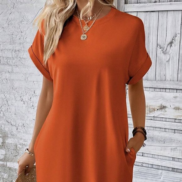 . Dresses & Skirts - Burnt Orange Boho Womens  Solid Batwing Sleeve Hidden Pocket Tee Dress